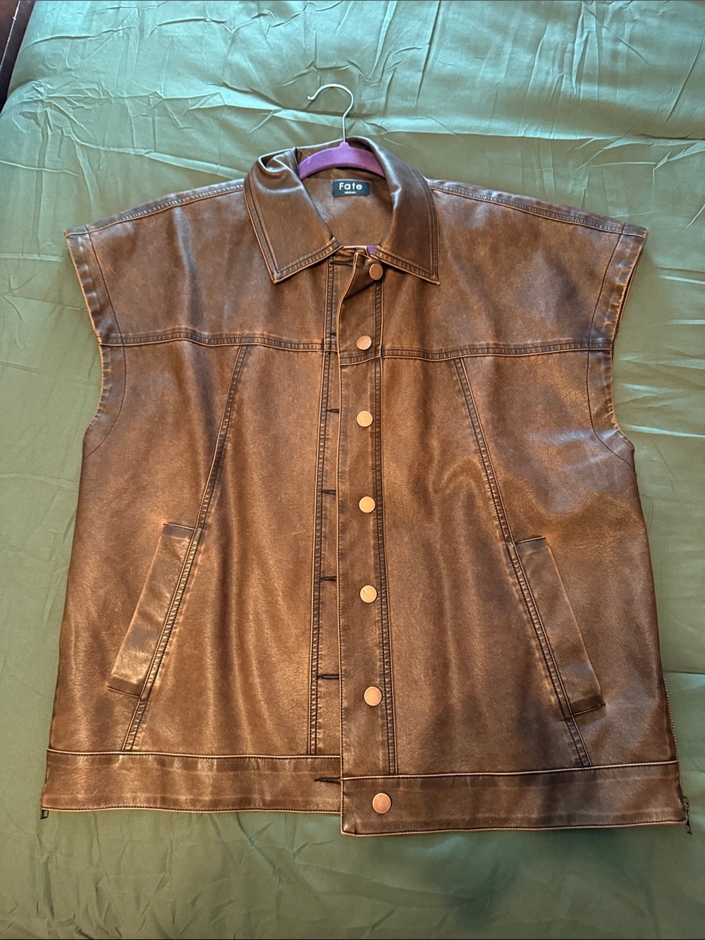 Fate Brown Faux Leather Men's Sleeveless Coat with Snap Front